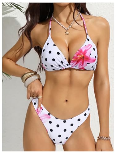 Image of RoseSeek Women's 4 Piece Polka Dots Bathing Suits Cover Up Skirt & Bandana | Halter Bikini Sets, Sexy Bathing Suit, Beach Skirt, Leopard, Paisley, Tropical, Summer