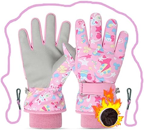 Caudblor Ski Gloves for Kids, Waterproof Winter Gloves for Boys Girls, Insulated Youth Winter Gloves Age 7-9 Years Old, Pink Warm Thick Ski Snowboard Gloves for Children Outdoor Sledding