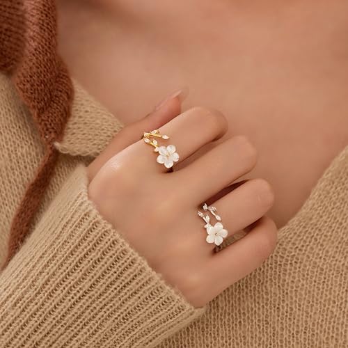 925 Sterling Silver Dainty Flower Ring for Women 14k Gold Plated Sparkling White Cubic Zirconia Leaf Ring for Mother Daughter Elegant Wedding Statement Jewelry Open Wrap Finger Band Christmas Gift4