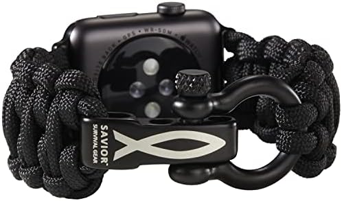 Savior Survival Gear Paracord Watch Band - Compatible with Apple Watch & iWatch Bands Series 42mm 44mm 45mm 49mm, 550 Paracord & Stainless Steel Shackle, Adjustable Straps, Men & Women (Black, Large)