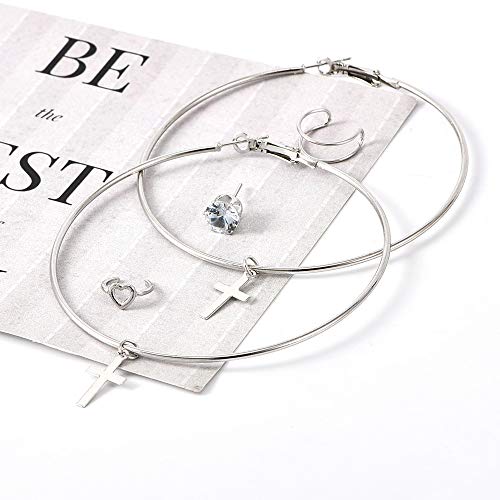 Missgrace Big Silver Circle Cross Drop Earrings Rhinestones Hoop Stud Earrings For Women Modern Earrings Jewelry Gift Mix And Match Earrings Set Sterling Gold Earrings For Women 5Pcs (Style 6) #TOP4