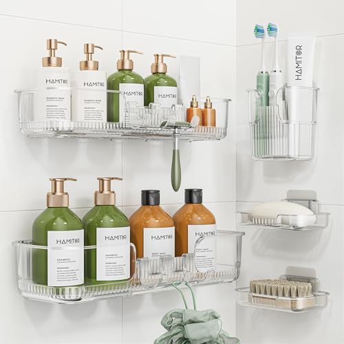 HAMITOR Adhesive Shower Caddy for Bathroom5 Pack Clear Bath Shelves No Drilling for Modern Renters & Home Decor - Rustproof Acrylic Shower Organizer for Bathroom Storage