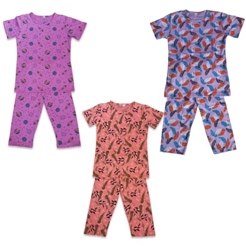 Image of Girls Pure Cotton Casual Round neck regular feet Multi Color Girls night dress Half Sleeve set of 3 pcs
