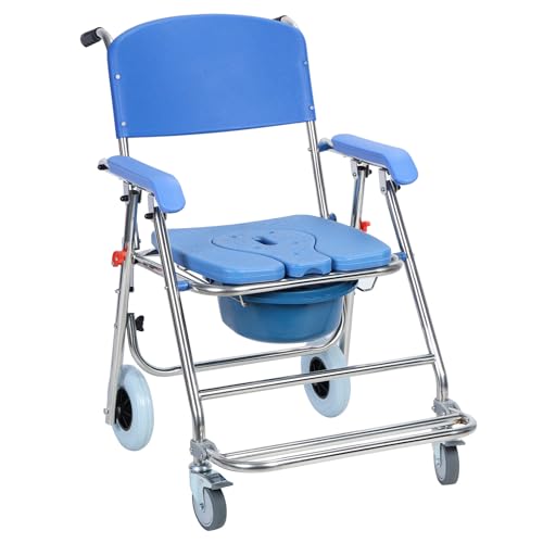 3-in-1 Commode Toilet Chair,Rolling Mobile Toilet Commode Shower Chair,Height Adjustable Bedside Commode with Removable Pot Folding Pedal for Elder Disabled People Soft seat