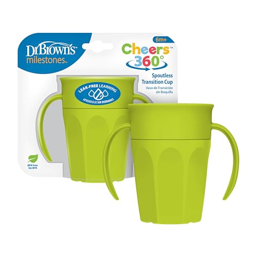 Image of Dr. Brown's Milestones Cheers 360 Spoutless Transition Cup with Handles, Travel Friendly and Leak Free Sippy for Babies and Toddlers, Green, BPA-Free, 7 oz/200 mL, 6m+