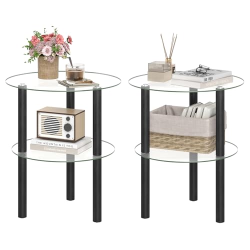 Image of GIANTEX Round End Table Set of 2, 2-Tier Sofa Side Table with Clear Tempered Glass Top & Shelf, Small Accent Table with Solid Rubber Wood Legs for Living Room Bedroom Home Office (Black & Clear)