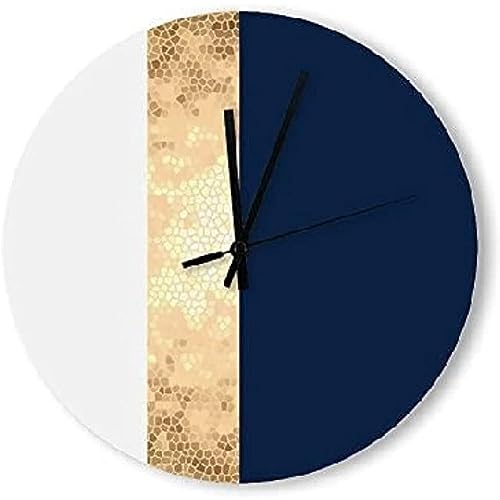 351 Ronde Horloge Murale Faux Doré Bleu Marine - Rayures Blanches Pendule Murale Vintage Cuisine Horloge Silencieuse Décoration D'Intérieur pour Chambre Salon Bureau