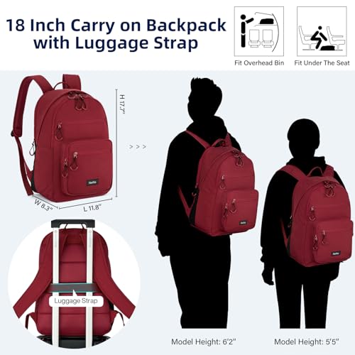 Carry On Travel Backpack For Women, 18 Inch Water Resistant Large Backpack Lightweight Bookbag For Men, 8x14x18 Personal Item Bag Casual Daypack Backpacks For Work Office Commuter (Burgundy)2