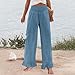 Kenvina Palazzo Pants for Women Linen Smocked Elastic Waist Ruffle Wide Leg Pants Summer Beach Flowy Boho Pant with Pockets（1-Light Blue,Small）