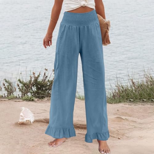 Image of Womens Linen Palazzo Pants Ruffle Hem Drawstring Boho Trousers Beach Travel Vacation Outfits