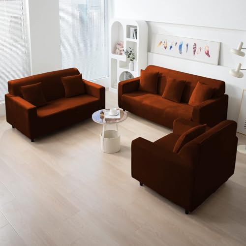 Image of HOKIPO 200 GSM Premium Velvet Sofa Cover 1 Seater Fully Covered, Rustic Brown (NEW-AR-4736-RBR)