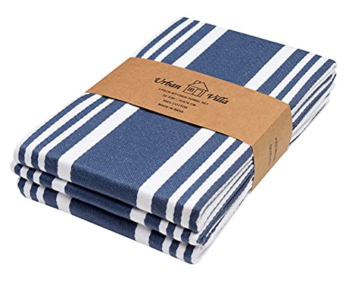 Urban Villa Kitchen Towels (20X30 Inches 3 Pack) Extra Large Premium Dish Towels For Kitchen Blue & White Dish Cloths Highly Absorbent 100% Cotton Kitchen Hand Towels With Hanging Loop Tea Towels #TOP24
