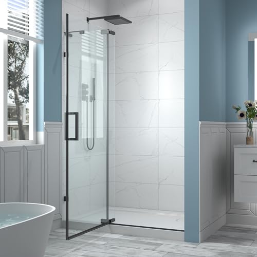 ComfyStyle 44-48' W x 70' H Frameless Pivot Shower Door, 5/16'(8mm) Clear SGCC Tempered Glass Shower Doors, Matte Black Hinged Shower Glass Door, Reversible Installation