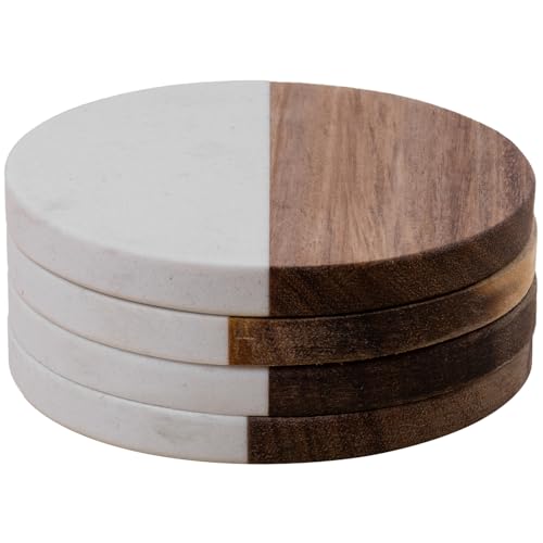 Marble Coasters: 4-Piece Set of Acacia Wood Marble Coasters, Suitable for Kitchens, Offices, and can be Used as Gifts (Round White)