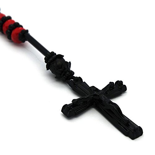 Mens Hip Hop 8Mm Black W/Red Tone 32" Glass Beaded Chain Rosary Prayer Hand & Jesus Cross Necklace #TOP4
