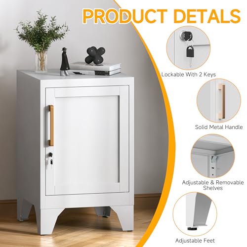 Image of 23.6 inch H Metal Locker Nightstand Set of 2,White Locking Night Stand with Door and Adjustable Shelf, Small Locker Cabinet with Detachable Legs for Home Office,Living Room or Bedroom,Easy Assembly