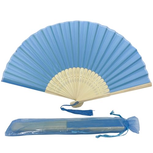 Image of Fabric Handheld Folding Hand Fan with a Tassel Grade A Bamboo Ribs for Women Girls Summer Party Event Favor Birthday Wedding Souvenir Gift (True Blue)