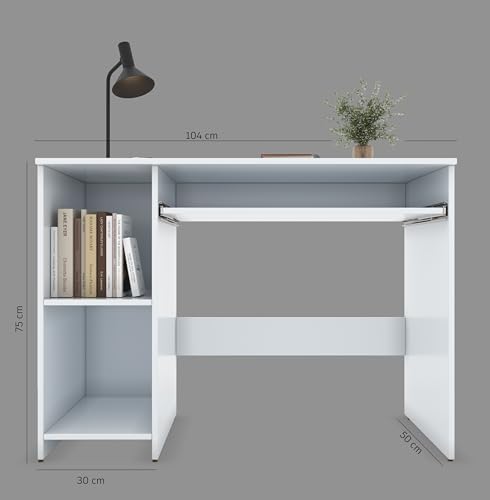 Image of 104x50x75CM Engineered Wood Study Table with Keyboard Tray & 2 Open Storage Shelves for Home, Office | Scratch & Moisture Proof Computer, Laptop Table | 1 Year Warranty- Everest White