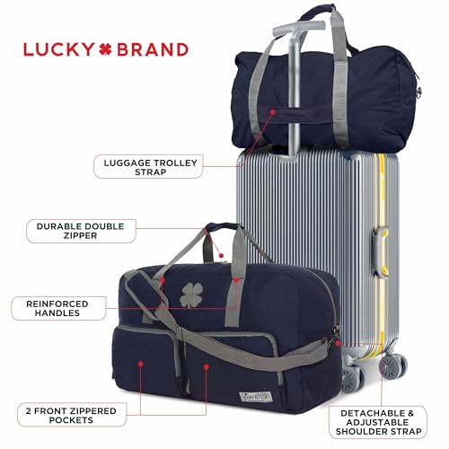 Image of Lucky Brand Unisex Adult Large Duffle Adjustable Shoulder Strap Foldable Overnight Weekender Bag, Navy, 65L, Sports