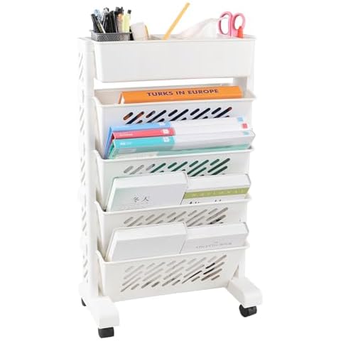 Uumitty 5-Tier Mobile Bookshelf Cart with Wheels, Rolling Bookcase for Narrow Space, Movable Book Storage Rack File Organizers, White Cover
