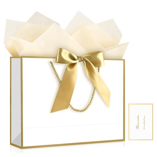 Image of JMANNI Gift Bags with Handles, 14.6 inch Large Gift Bags with Tissue Paper | 1 Pcs White Gold Bags, 2 Tissue Paper and 1 Cards, for Baby Shower, Wedding Bridal Shower, Birthday Party