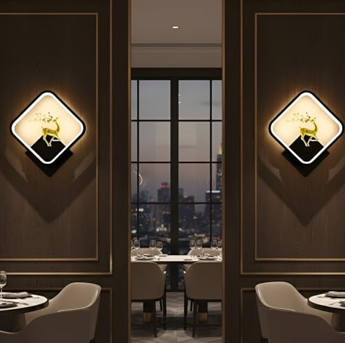 Image of Modern LED Wall Lamps | Pack of 2 Square Deer Design | Artistic Metal Accent Lighting for Bedroom, Living Room & Hallway | 3 Color Modes - Warm White, Natural White & Cool White
