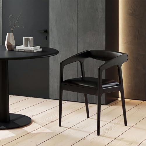 Image of COSTWAY Dining Chairs with Arms Set of 4, Mid Century Modern Wooden Accent Chairs with Faux Leather Seat & Padded Backrest, Kitchen Side Armchairs for Living Dining Reading Room, Black & Black