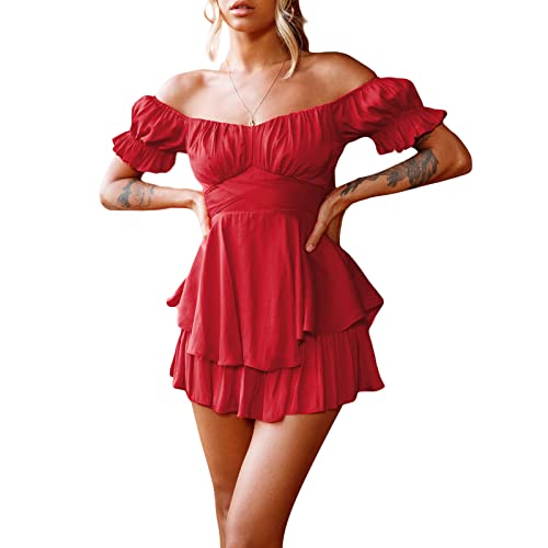 Image of Fabumily Women Puff Sleeve Romper Off Shoulder Ruffle Dress with Shorts Long Sleeve Flowy Layered Pirate Jumpsuit Playsuits