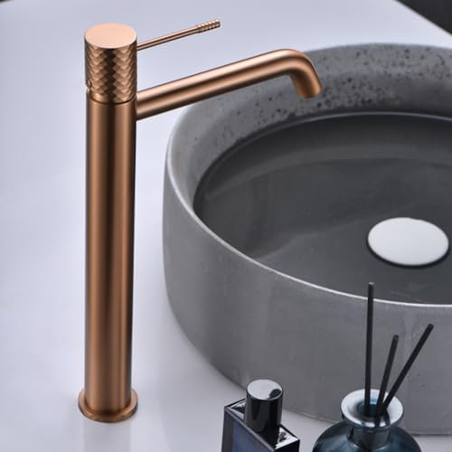 IMEX - Grifo Lavabo Caño Alto | Grifo Baño Mezclador Agua Fria y Caliente | Grifería Monomando Efeto Cascada con Caño de Latón y Ahorro de Agua | Serie Génova | Color Oro Rosa Cepillado