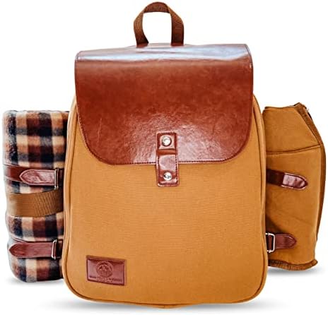 Picnic Backpack - Canvas and Faux Leather Picnic Basket for 2 – Insulated Picnic Backpack for 4 and Picnic Set - Picnic Basket for 4 w/ Fleece Blanket, Dinner Plates and Cutlery Set
