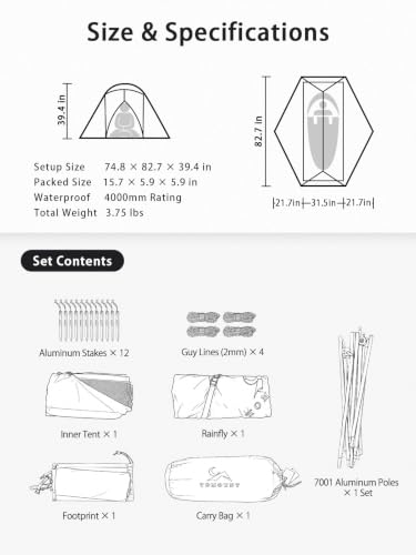 Ultraligera Carpa para Mochilero de 1 Persona, Impermeable 4000mm, Pared Doble Ligera, Autoportante para Camping y Senderismo miniatura 6