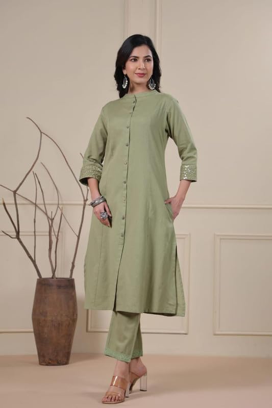 Image of Solid A-Line Mirror Work Cotton Kurta Pant Set for Women