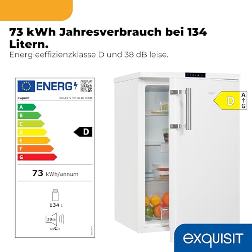 Exquisit Vollraumkühlschrank | 134 l Nutzinhalt, EEK: D, 38 dB, Standgerät | LED-Beleuchtung, elektronische Temperaturregelung, digitale Temperaturanzeige, Super-Kühl-Modus | KS516-V-HE-011D weiss