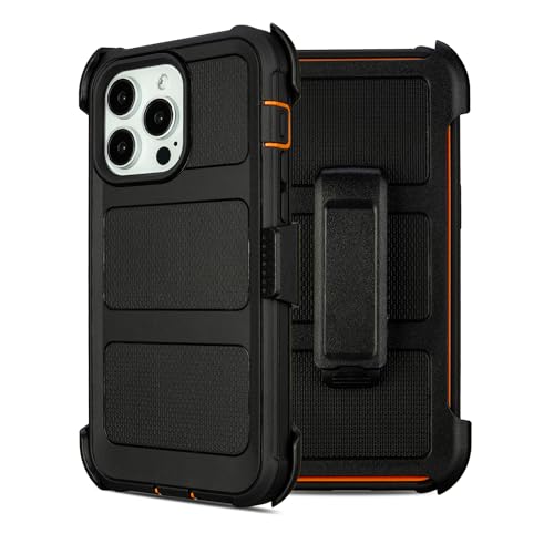 Defender for iPhone 15 Pro Max Case with Clip Holster,Heavy Duty Rugged Full-Body,2 Layers of Sturdy,Anti-Drop,Military-Grade Defender Cover for iPhone 15 Pro Max Phone Case (Black & Orange)