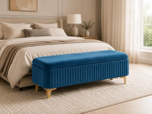 Image of LEGACY OF COMFORT Qwen Velvet Upholstered Flip Top Storage Bench 2 Seater Sofa Upholstered Ottoman Bench with Storage for Living Room, Bedroom (Blue)
