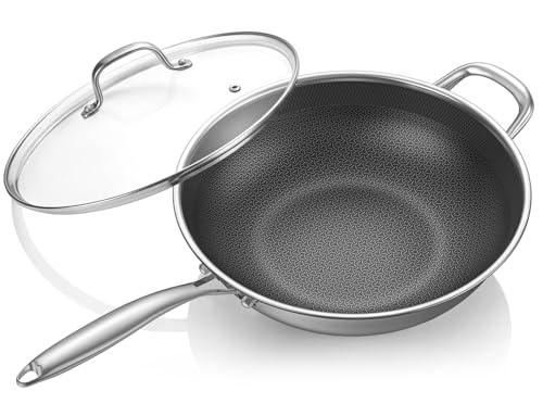 Uven Traoqq 12.5-Inch Hybrid Nonstick Wok, Stainless Steel Wok Pan with Lid, Laser-Textured, PFOA-Free Woks & Stir-Fry Pans, Induction Ready, Oven & Dishwasher Safe for Gas Electric Glass Cooktops