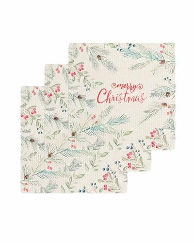 Hokiten Christmas Waffle Kitchen Towels Dishcloths, Xmas Botanical Snowflake Pine Cones Rustic Absorbent Dish Towels | Hand Towels for Bathroom/Bar, 12 x 12 Inch, 3 Pcs
