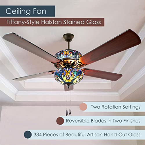River Of Goods Tiffany-Style Halston Stained Glass Ceiling Fan - 52" L X 52" W - Mahogany And Black Fan Blades - Blue #TOP2