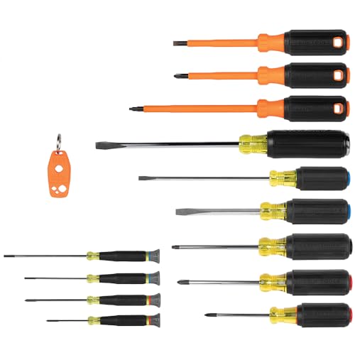 Klein Tools 85814 Screwdriver Set, Precision, Insulated, Color-Coded Handles, Phillips, Slotted, Cabinet, Keystone, Demolition, Square Tips, 14-Piece
