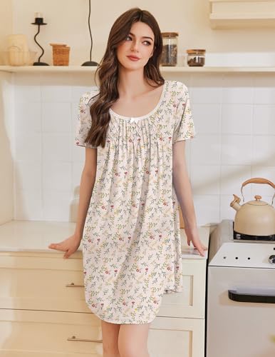 Image of Ekouaer Nightgowns for Women Pleated Sleep Shirts Short Sleeve Night Shirts Lace Trim Night Gown Ladies Sleep Dress