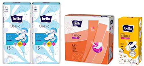 Image of Bella Maxi Soft Wings Classic Sanitary Pads - 15 Pieces (Pack of 2) & Panty Soft Classic Liners, Pack of 60 Scent: unscented & Panty Intima Plus Panty Liners - 40 Count (Large) (Pack of 1)