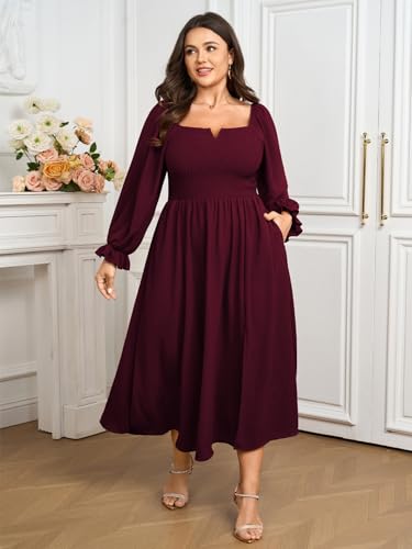 SCOMCHIC Womens Plus Size Maxi Dress Long Sleeve Square Neck Smocked Wedding Guest Flowy Split Fall Dresses with Pockets3