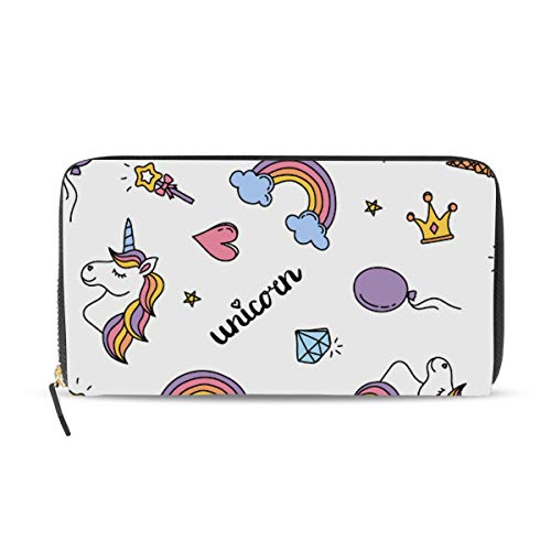 Portefeuille long en cuir pour femme avec motif licorne et arc-en-ciel élégant