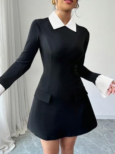 Women's 2025 Spring Fall Dress Colorblock Collared Long Sleeve Short Dress4