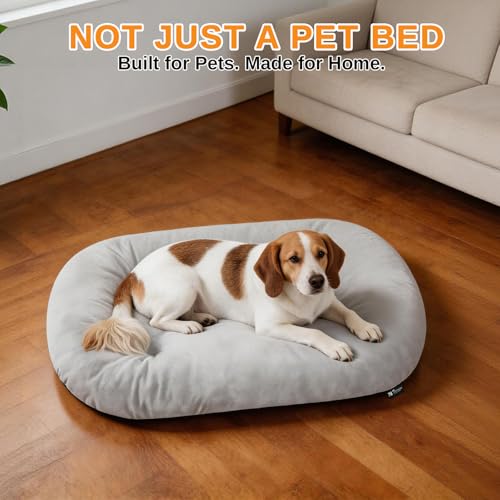Image of Washable Oval Dog Bed for Small Dogs,High-Resilience,Light Gray | Non-Slip Bottom Prevents Sliding,Soft Plush Short Fur,Machine Washable Cushion,Ideal for Crates & Small Spaces,23 inchx17 inchx2.8 inch