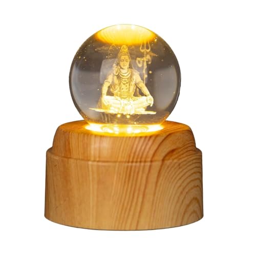 Image of 3D Crystal LED Night Lamp with Lord Shiva Engraving Wooden Base Warm Light Decorative Lamp Spiritual Home Decor Gift for Pooja Room, Bedroom Office USB Powered Crystal Ball Lamp