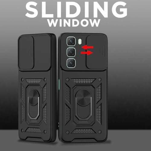 Image of Pikkme Back Cover for Infinix Hot 50 5G | 360 Protection Case | Sliding Camera Shield Cover & Ring Holder Stand D10 Tough Armor Bumper Case (Black)