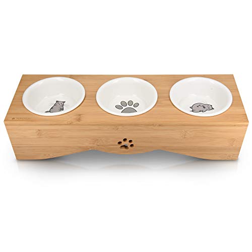 Navaris Cat Bowls with Stand - Elevated Triple Feeder for Cats - Ceramic Pet Bowl Dishes 3-Pcs Set with Printed Designs… - Image 5