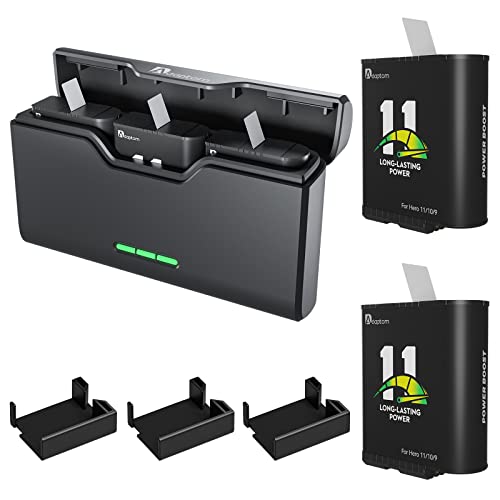 Adaptom Kit de Cargador de Bolsillo y Batería Enduro para GoPro Hero 11/10/9/8/7/6/5 Black, Carga Rápida, Rendimiento en Clima Frío, Larga Duración de la Batería, 3 Ranuras (Cargador + 2 Baterías)