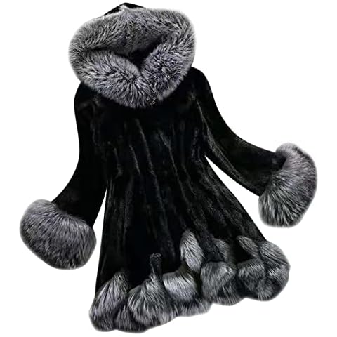 XUETON Women Winter Fashion Coat Luxury Faux Fox Fur Long Shawl Cloak Cape Thickened Fleece Lined Warm Casual Outwear Parka Black Cover